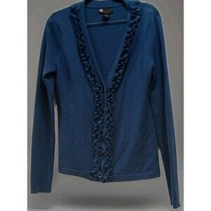 Carole Little Women’s M 100% Italian Merino Wool Ruffle V-Neck Cardigan Blue